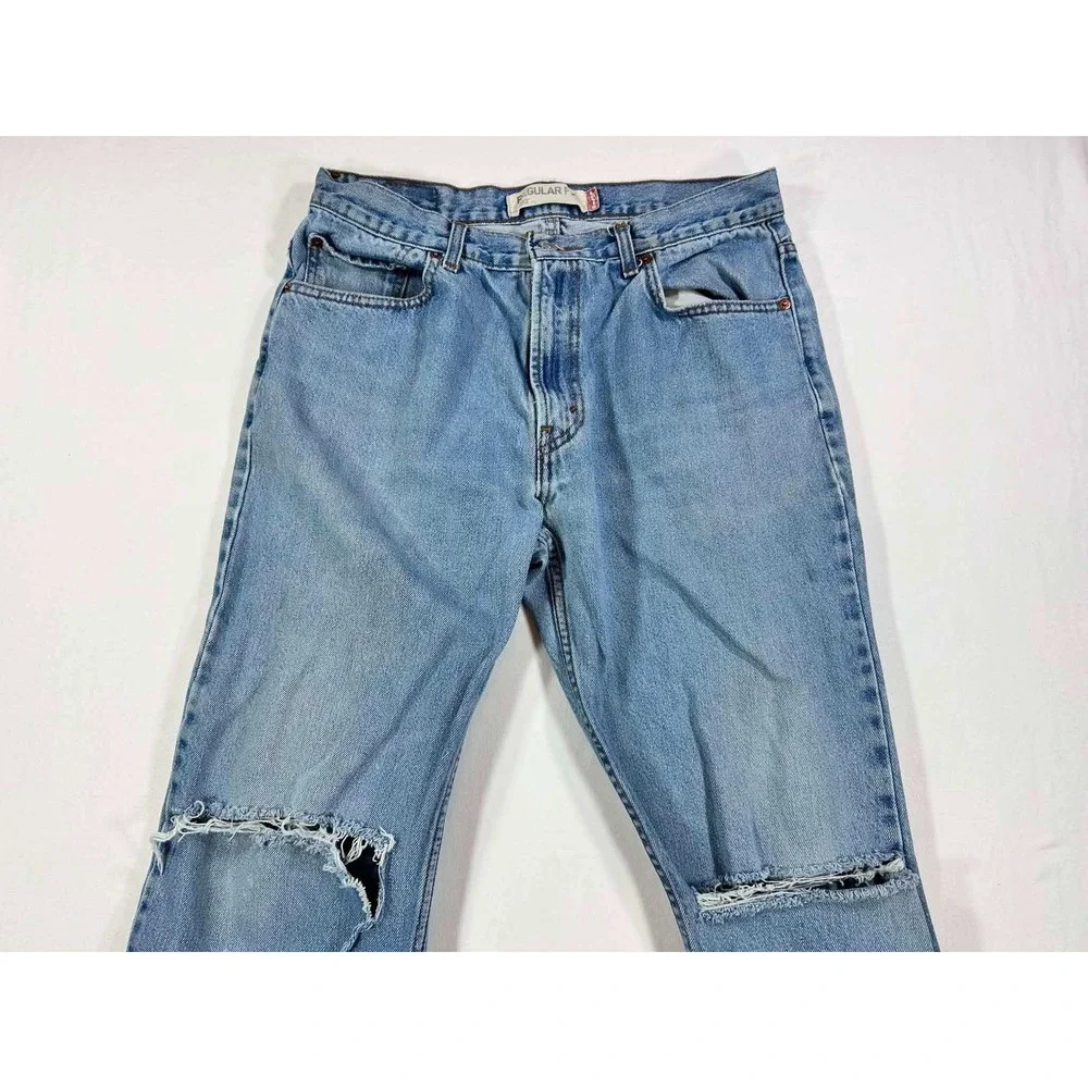 Levis 505 Regular Fit Light Wash Distressed Blue Jeans Mens 34x32 100% Cotton